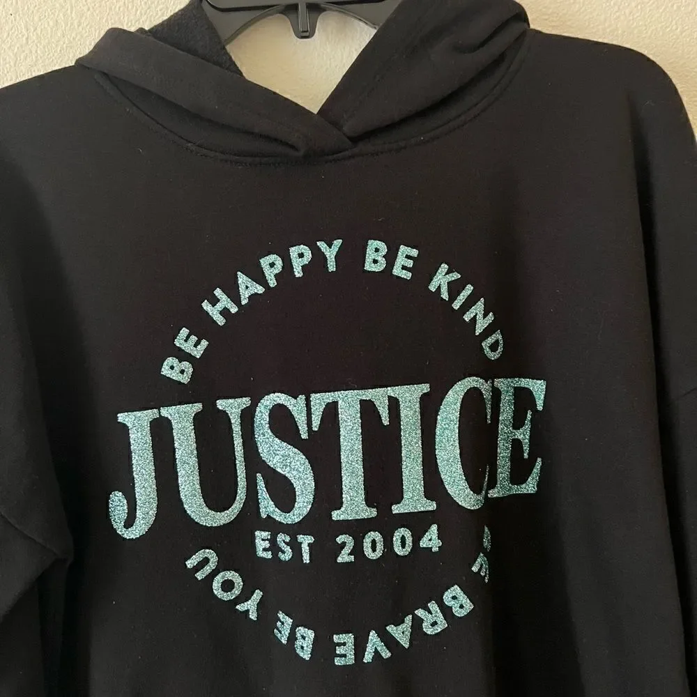 Justice Girls Blue Glitter Be Happy Be Kind Black Semi Crop Sweatshirt XL(14_16)